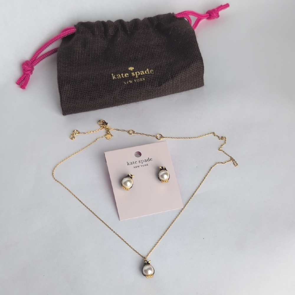 Kate Spade Arctic Friends Penguin Gold Necklace with White Pearls